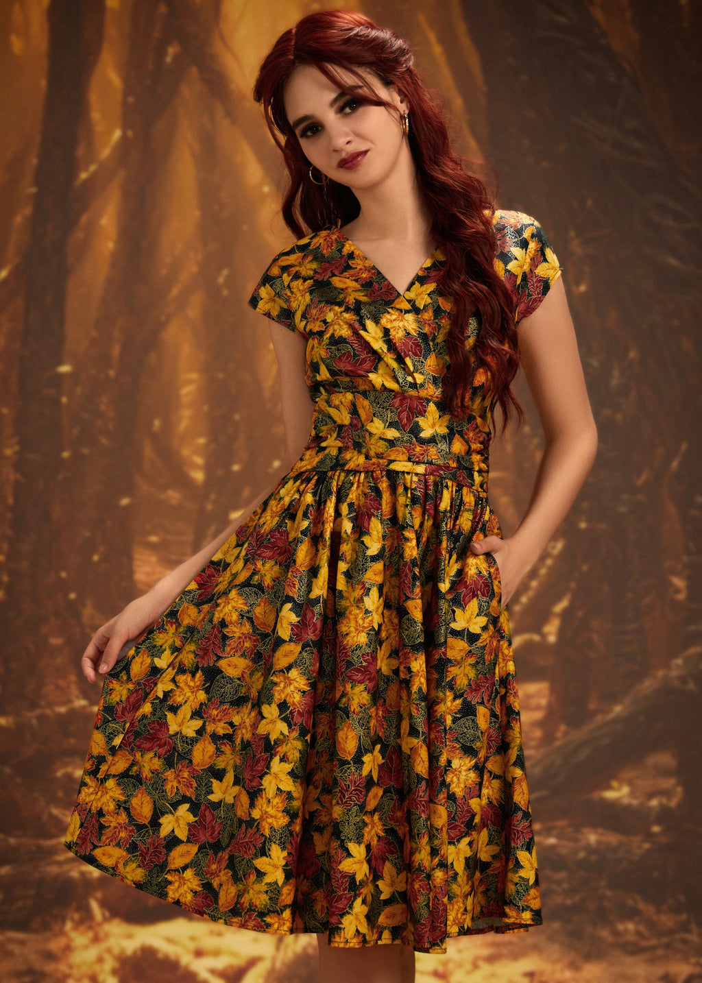 Greta Surplice Dress in Leaves