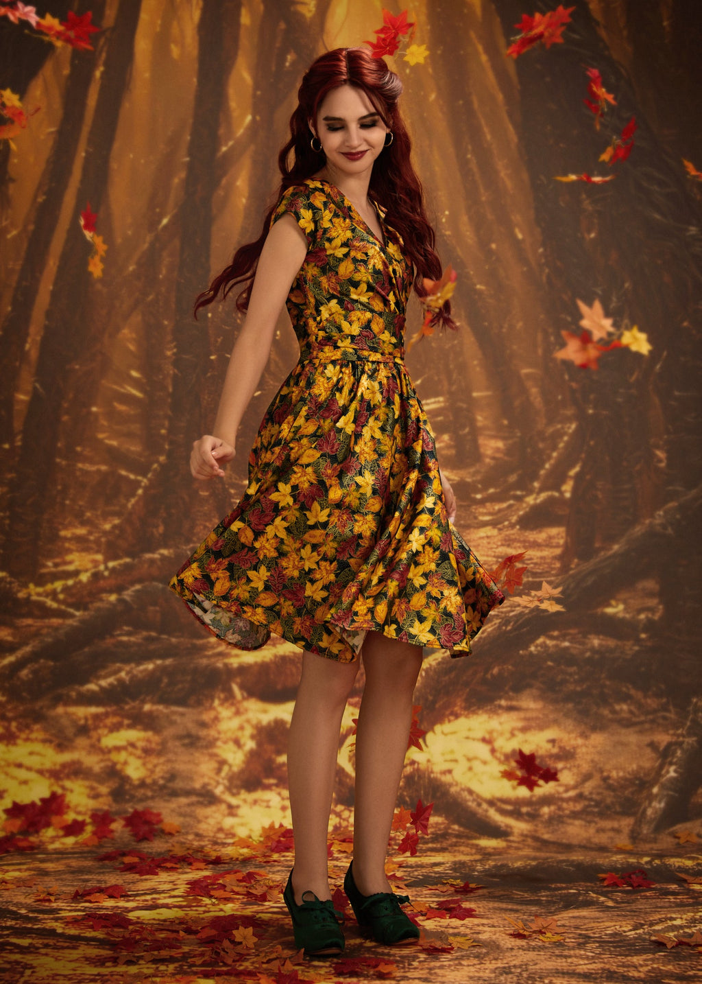 Greta Surplice Dress in Leaves