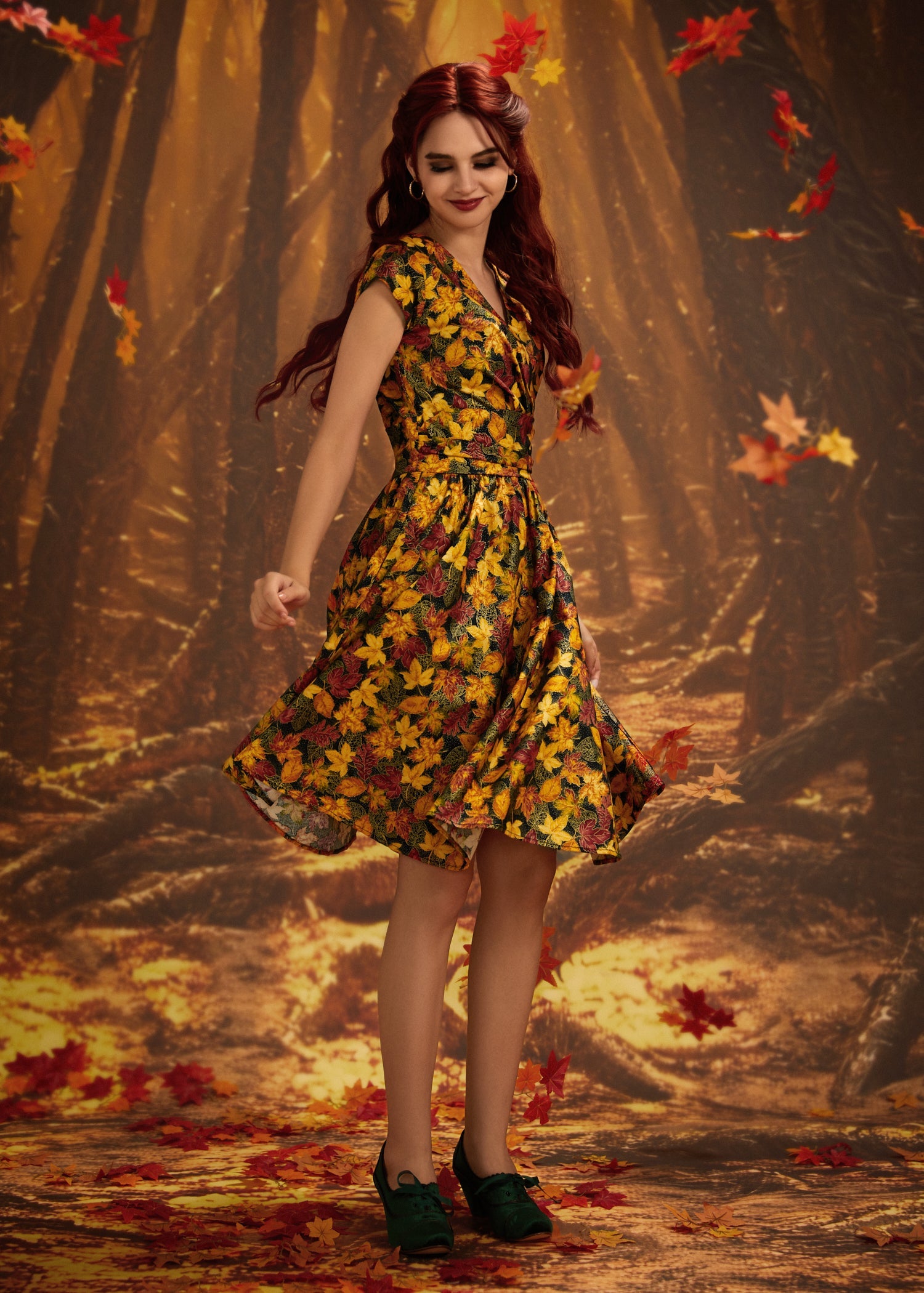 Greta Surplice Dress in Leaves