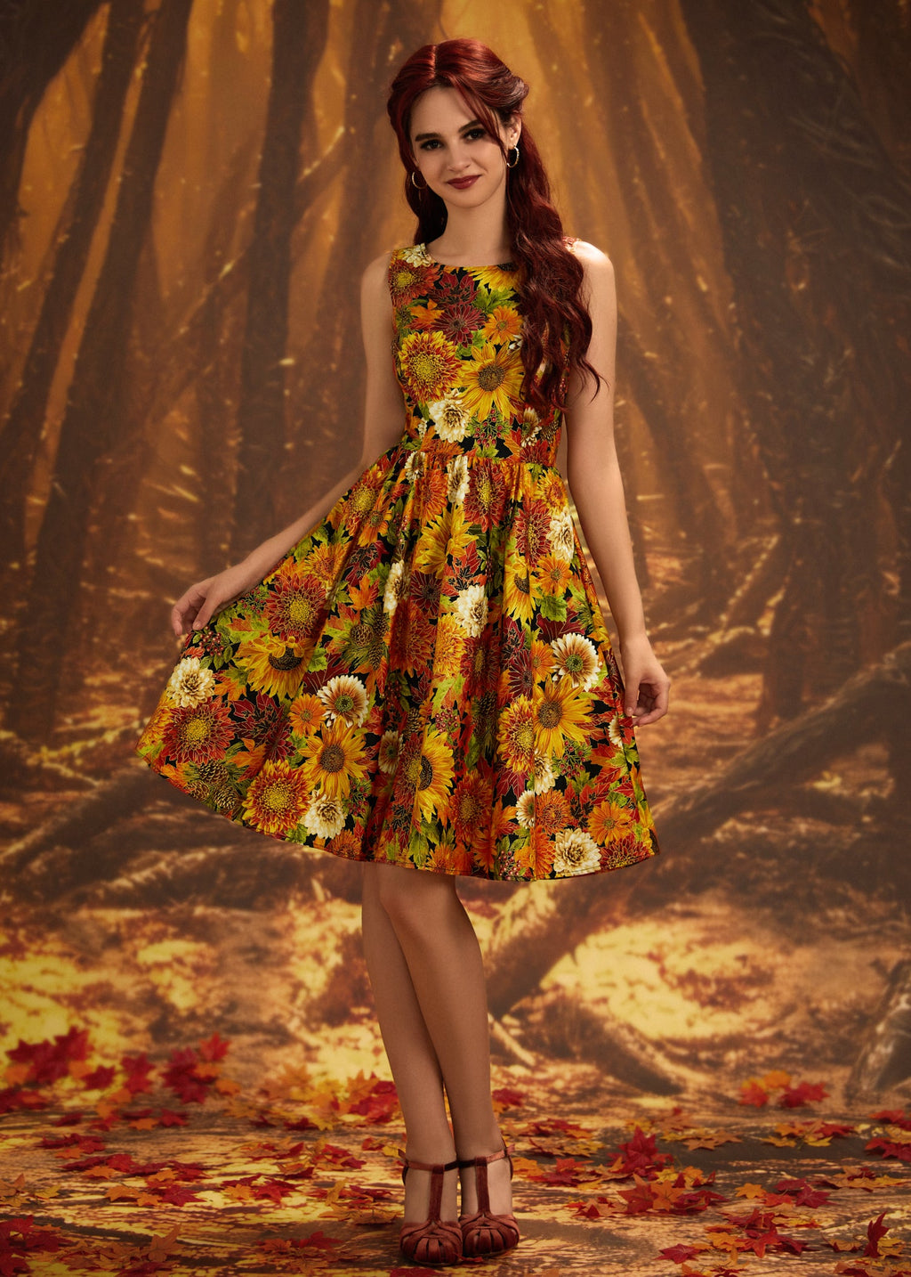 Vintage Style Midi Dress Sunflower Floral