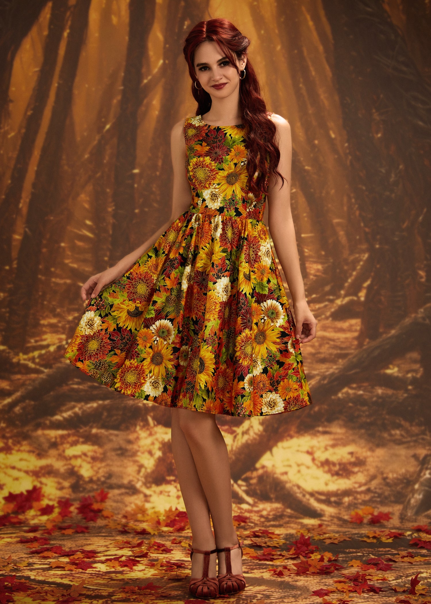 Vintage Style Midi Dress Sunflower Floral