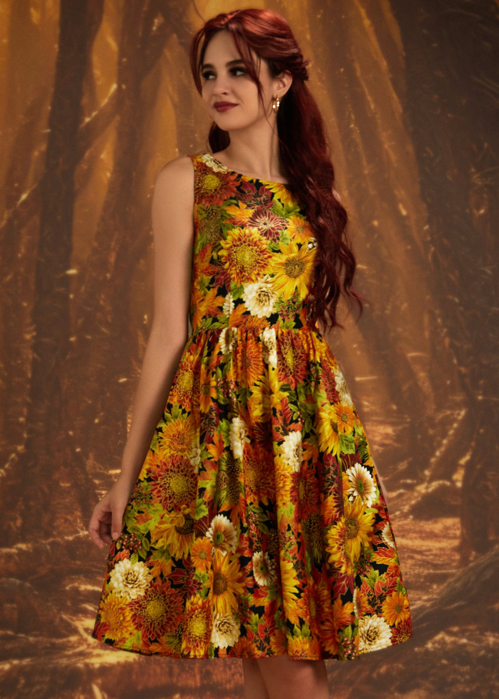 Vintage Style Midi Dress Sunflower Floral