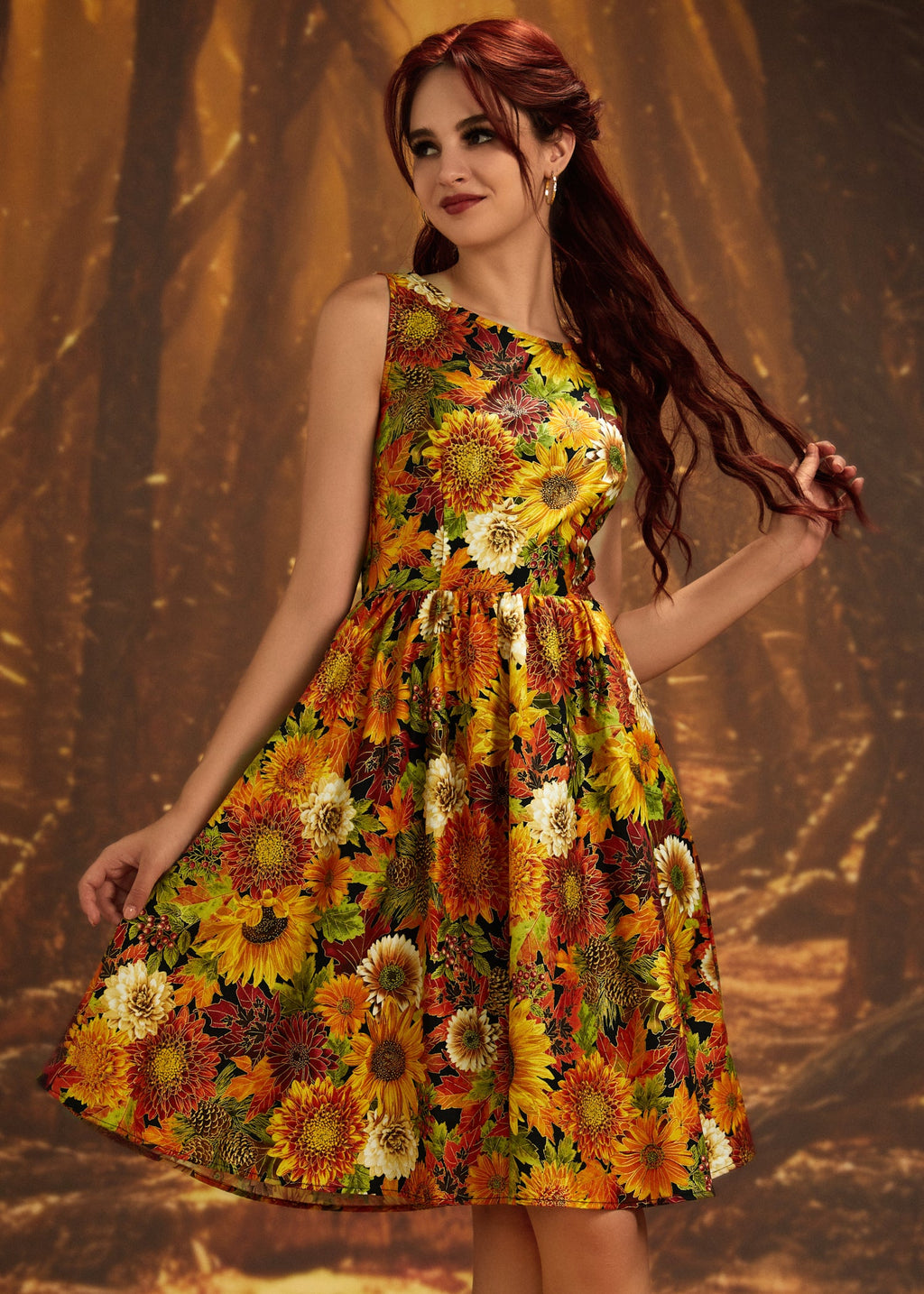 Vintage Style Midi Dress Sunflower Floral