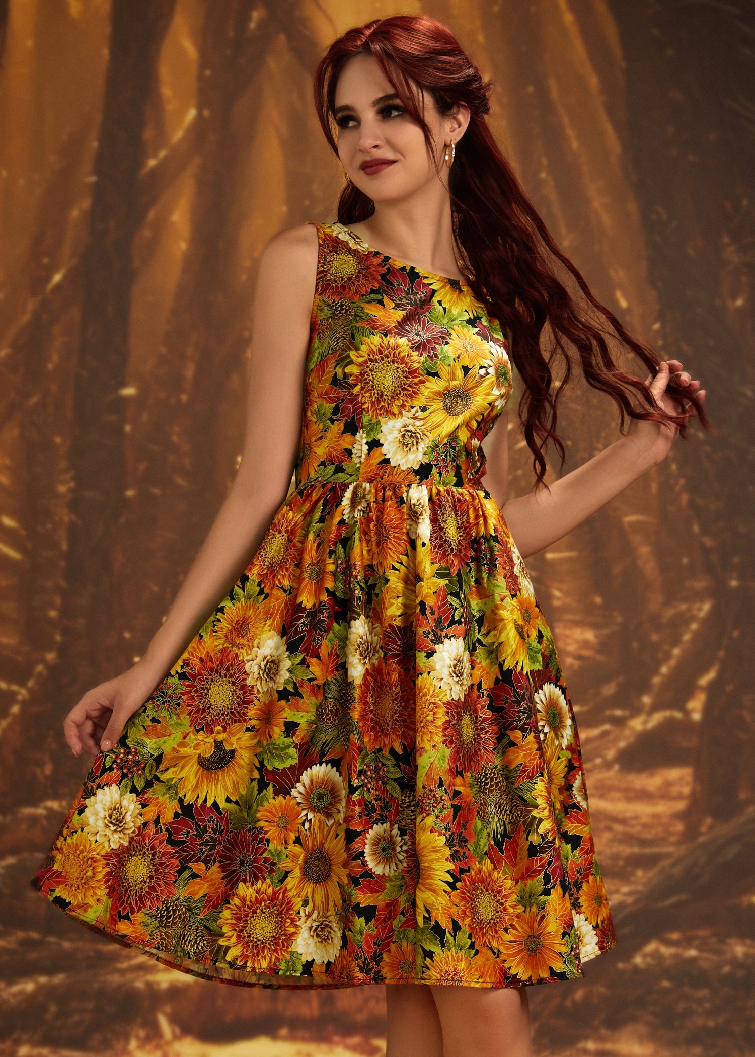 Vintage Style Midi Dress Sunflower Floral