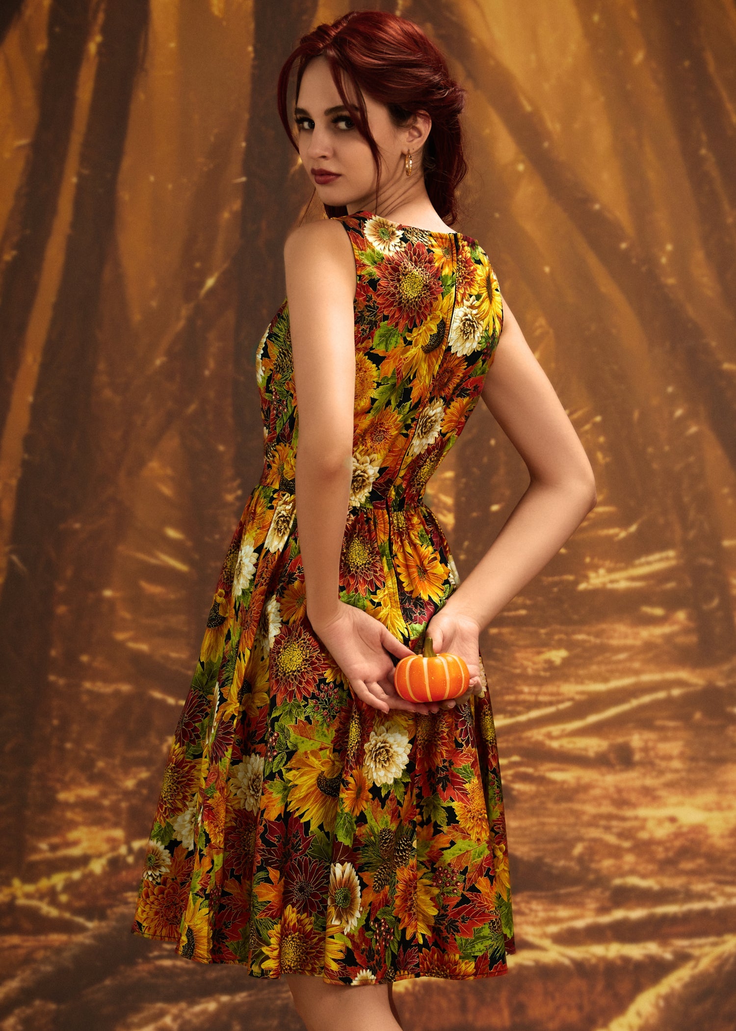 Vintage Style Midi Dress Sunflower Floral