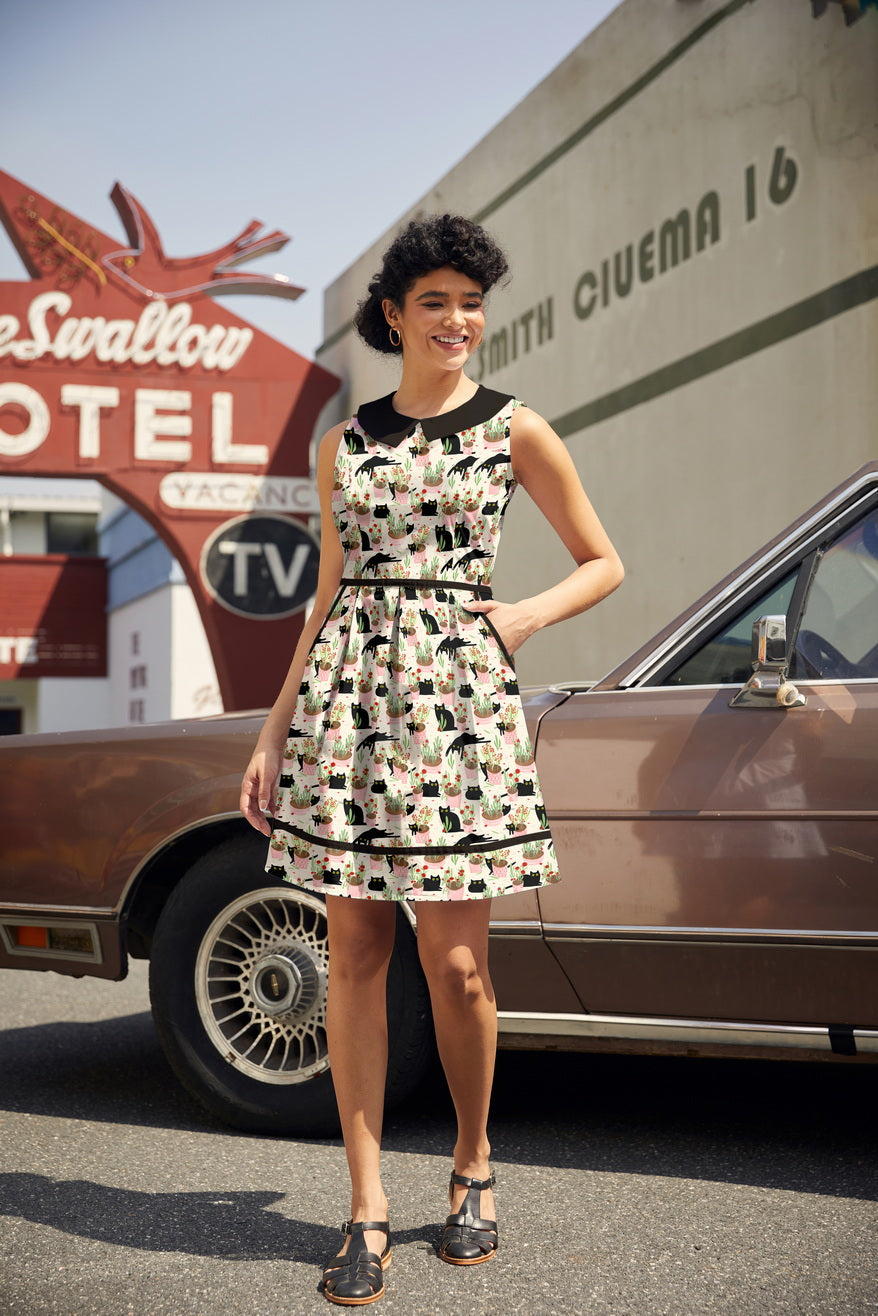 Retro Mod Collared Dress Cats & Plants