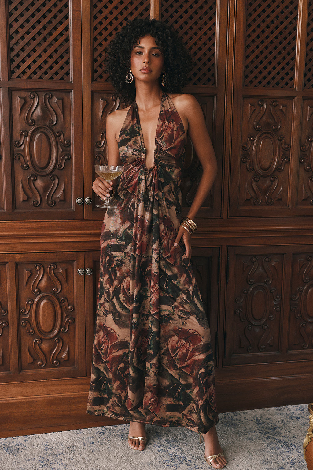 Alondra Dark Floral Plunge Maxi Dress