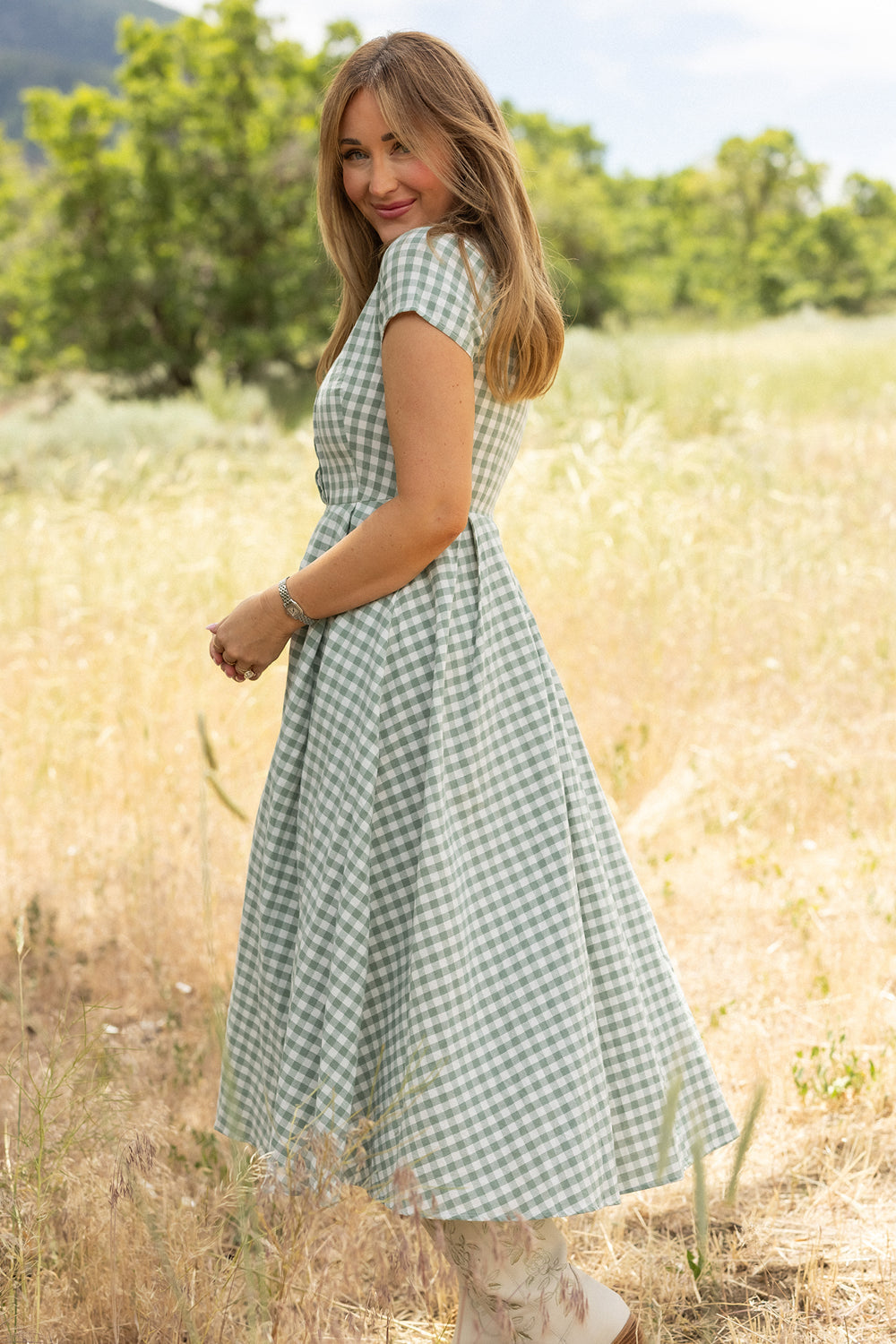 Amber Dress in Sage Gingham