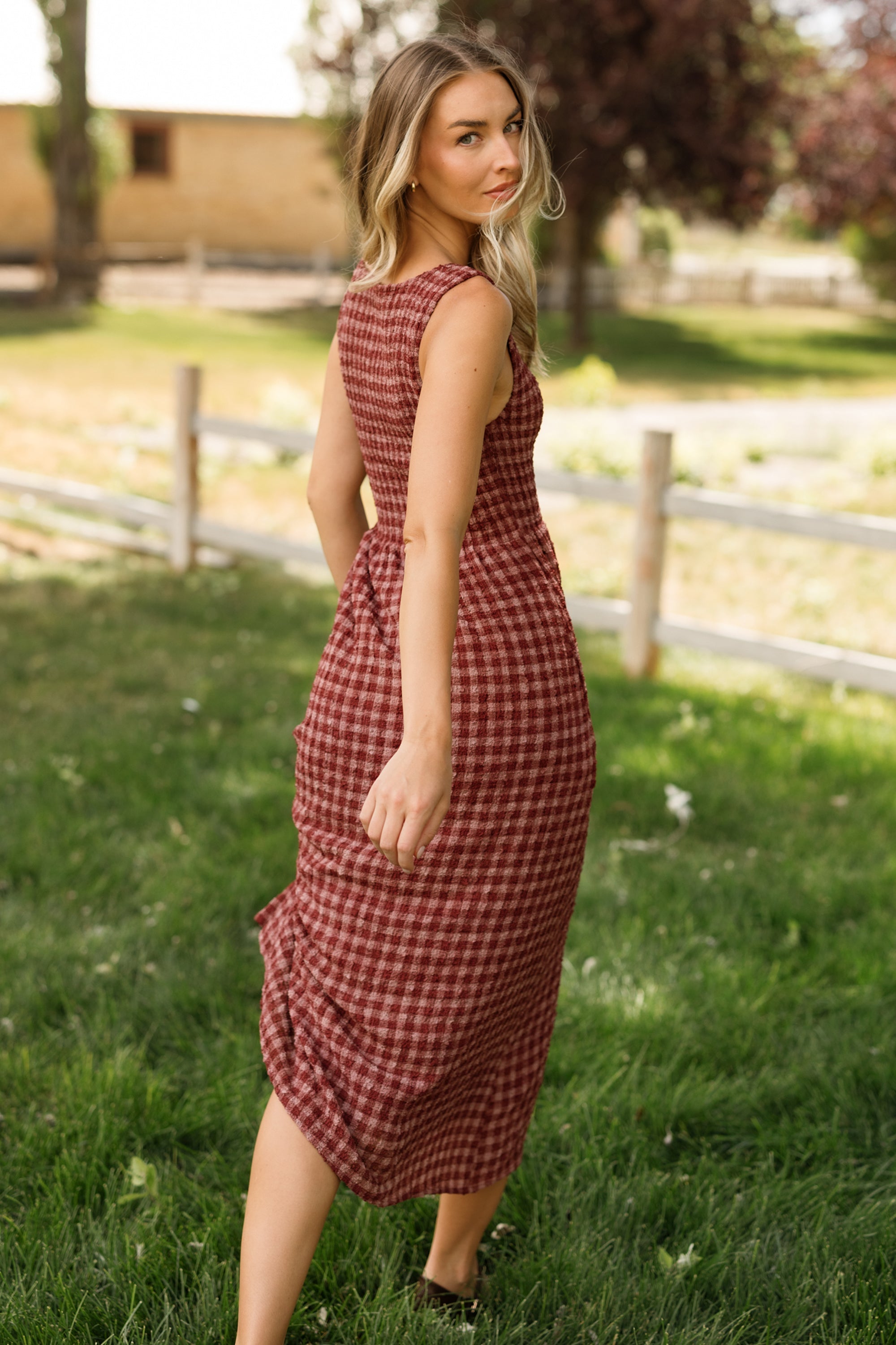 Ana Dress in Cranberry Popcorn Plaid