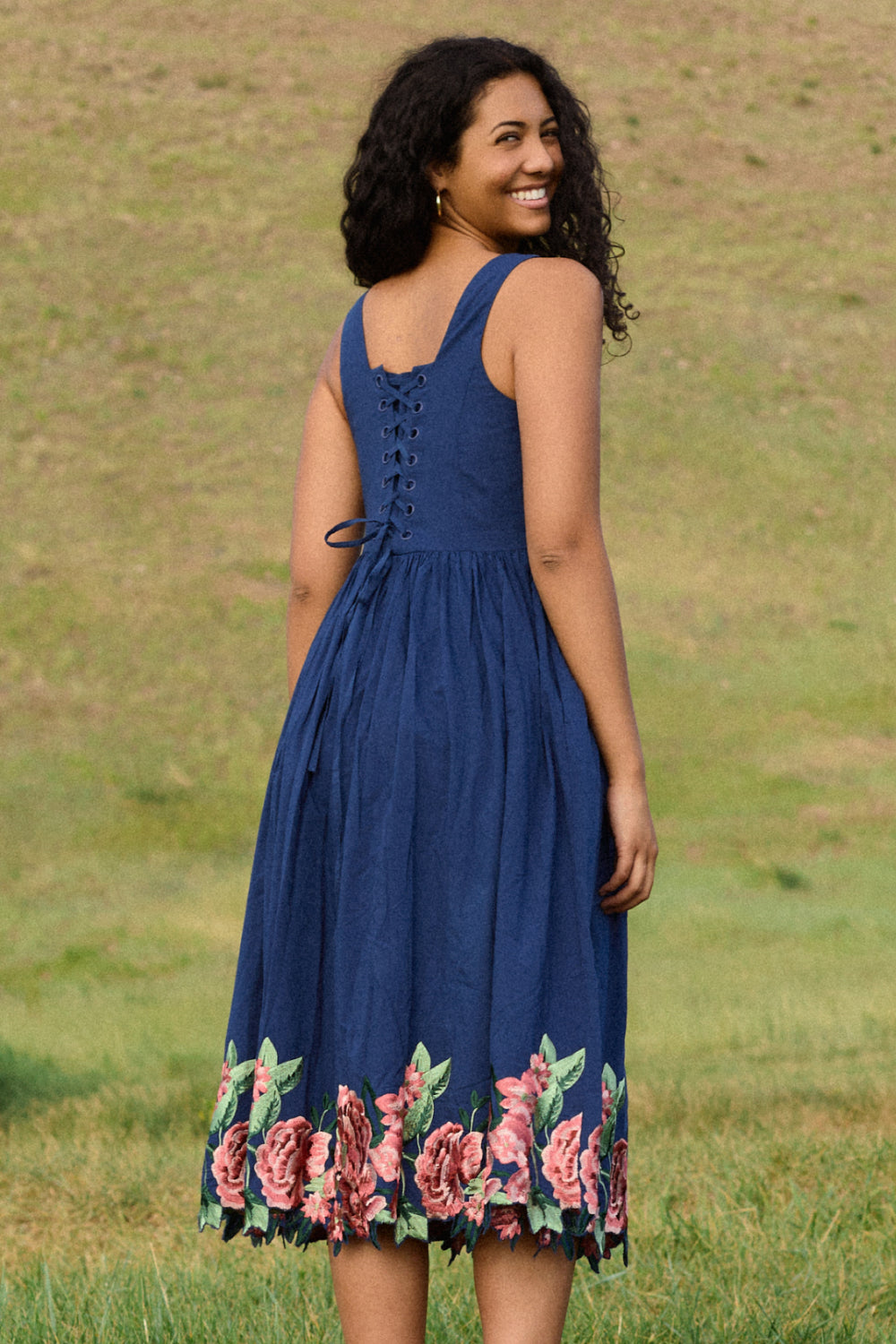 Clarissa Dress in Midnight with Red Flowers