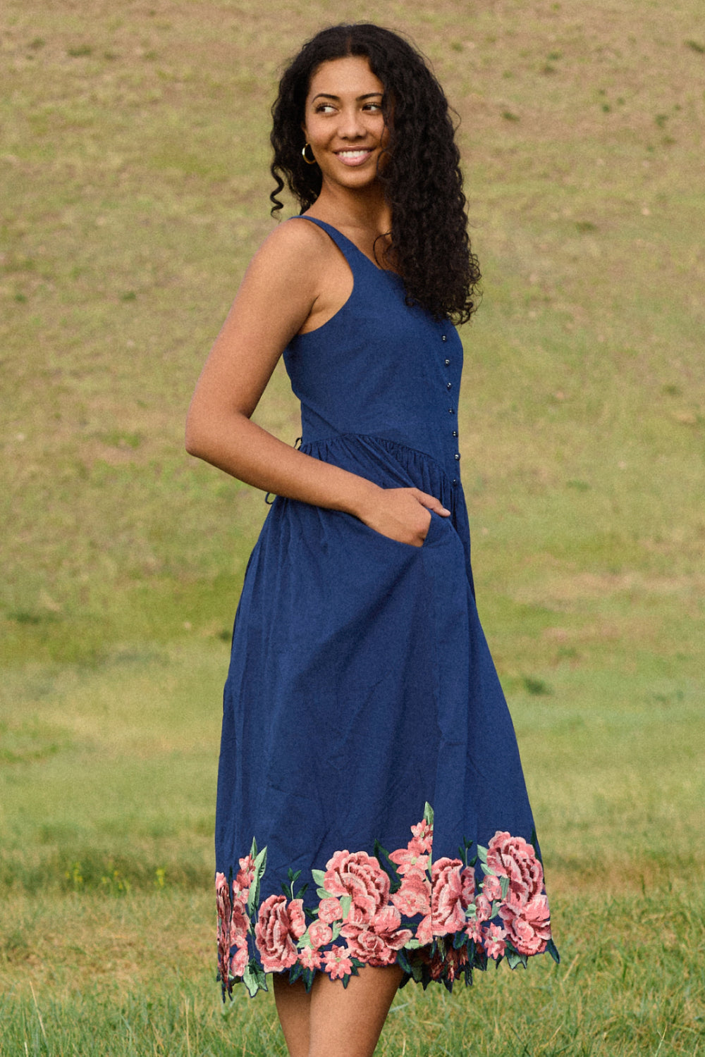 Clarissa Dress in Midnight with Red Flowers
