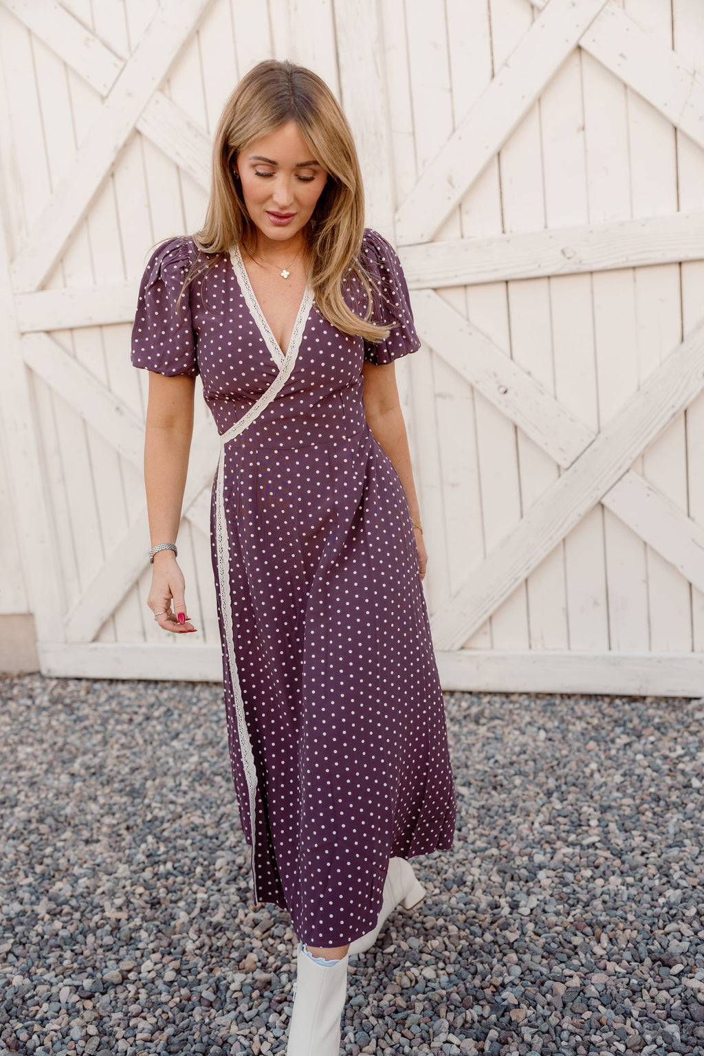 Diane Dress in Aubergine Ditsy Dot