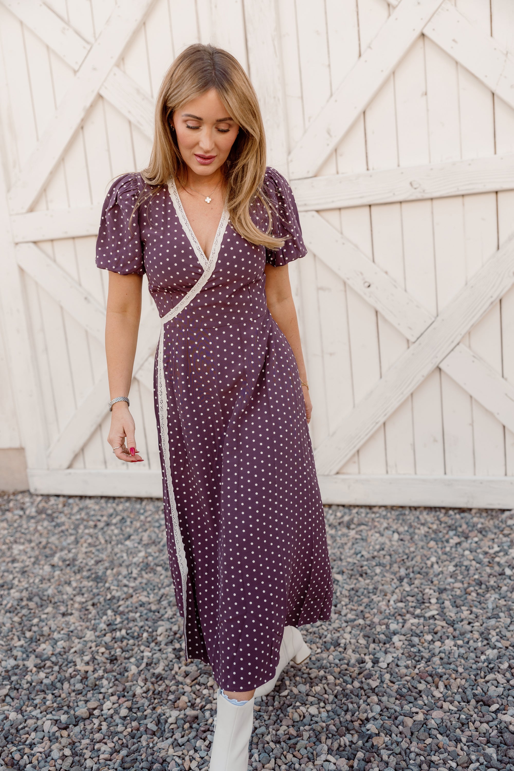 Diane Dress in Aubergine Ditsy Dot