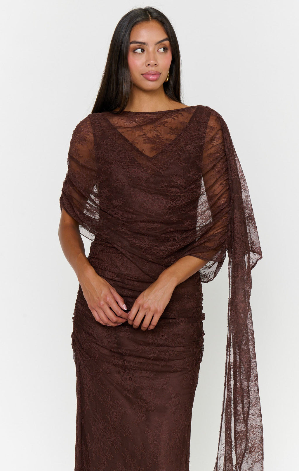 Angelina Maxi Dress ~ Chocolate Luxe Satin With Lace