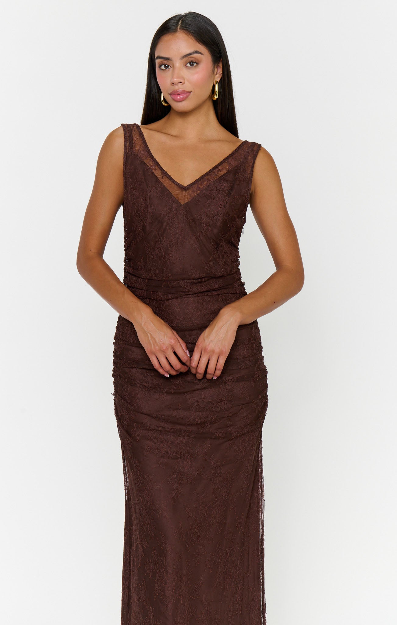 Angelina Maxi Dress ~ Chocolate Luxe Satin With Lace