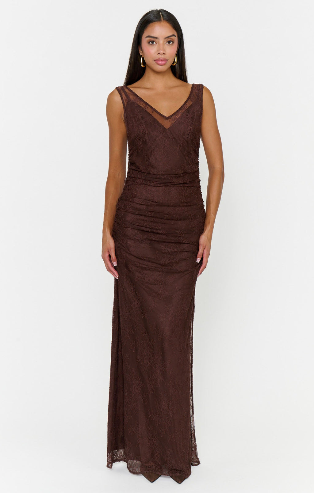 Angelina Maxi Dress ~ Chocolate Luxe Satin With Lace