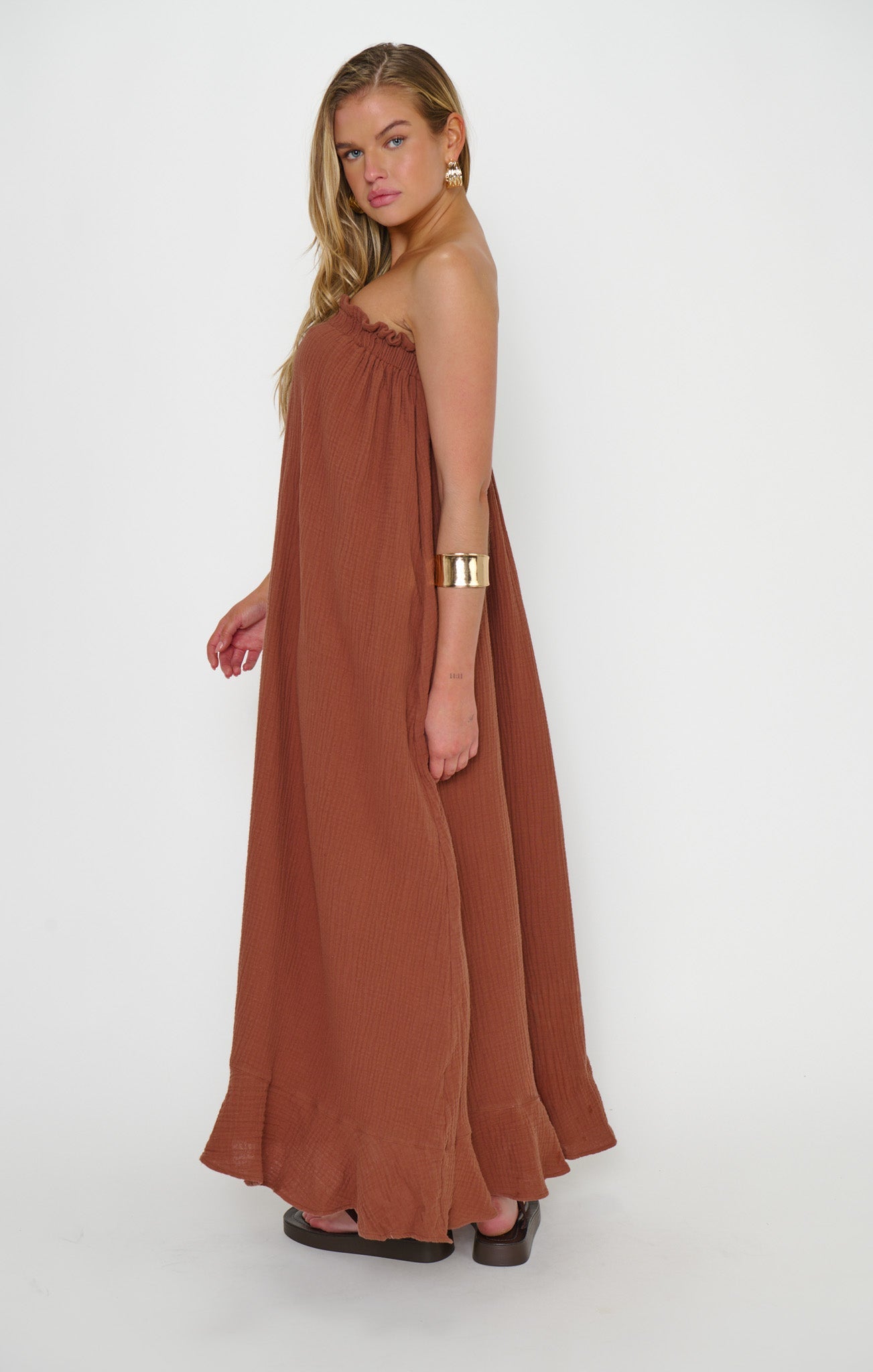 Around The World Maxi Dress ~ Brown Crinkle Gauze
