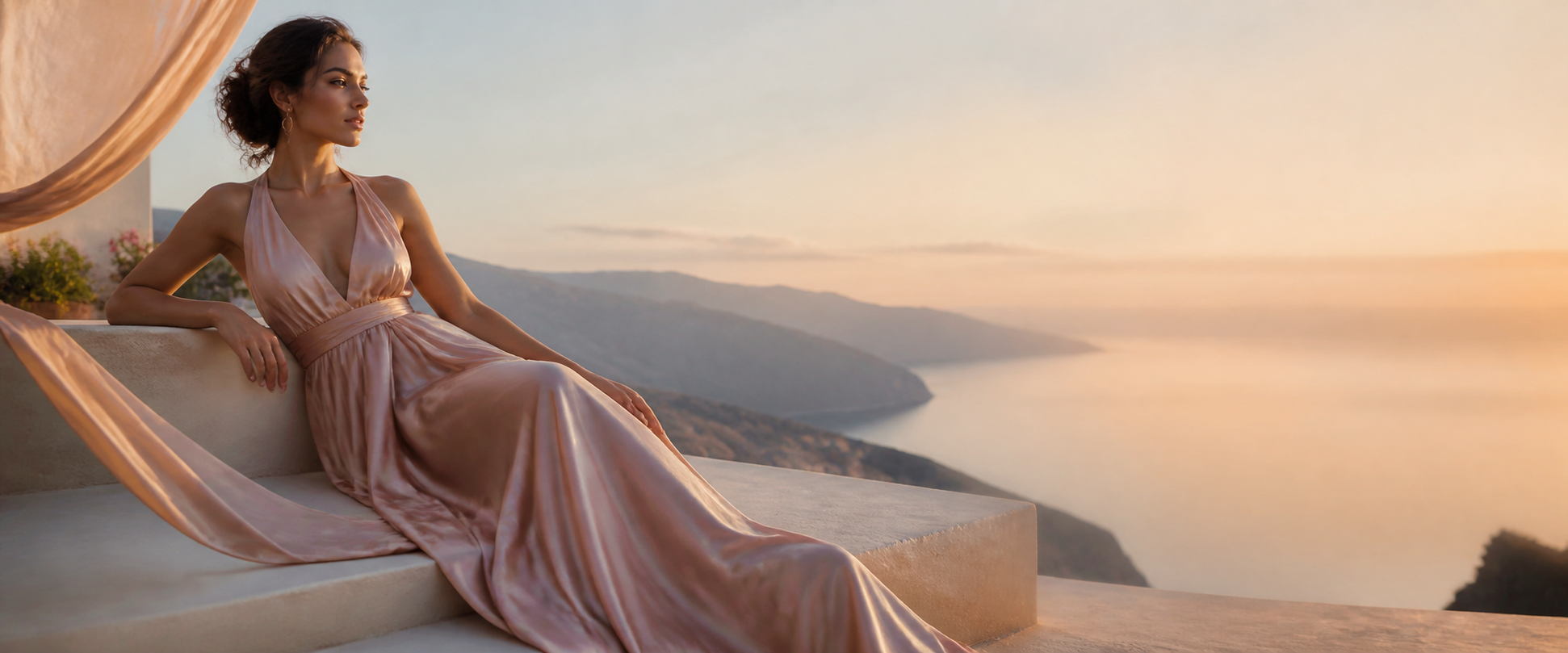 Woman in a blush satin gown on a sunset terrace