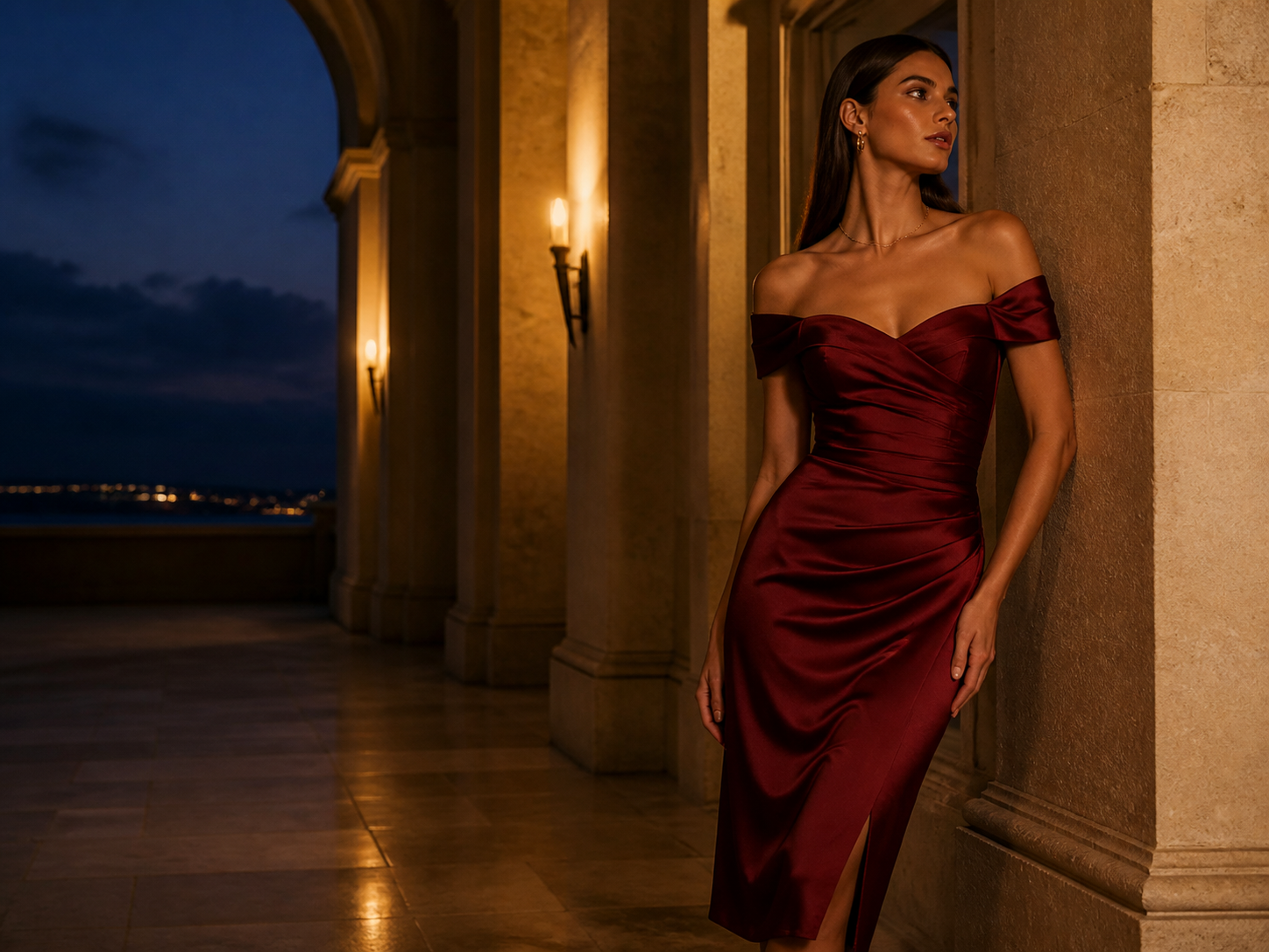 Woman in a burgundy satin evening dress beneath stone arches