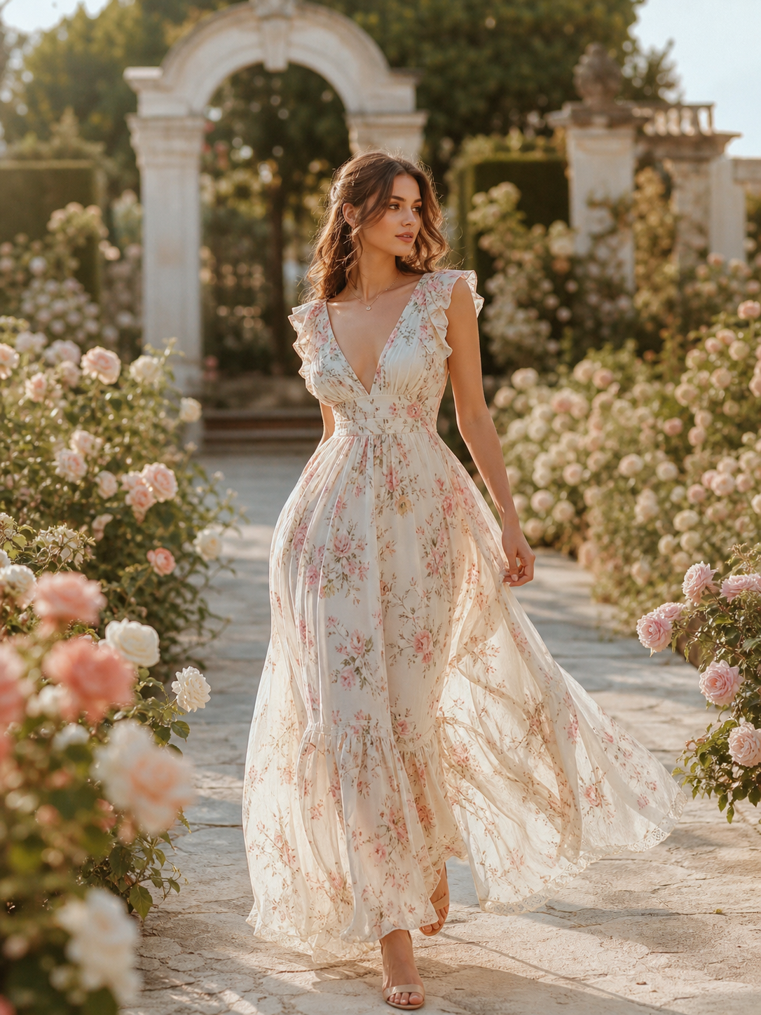 Woman in an ivory floral maxi dress walking through a rose garden